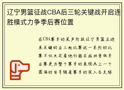 辽宁男篮征战CBA后三轮关键战开启连胜模式力争季后赛位置